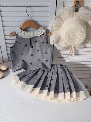 Children's Bow Print Lace Trimmed Top And Skirt Set, back view
