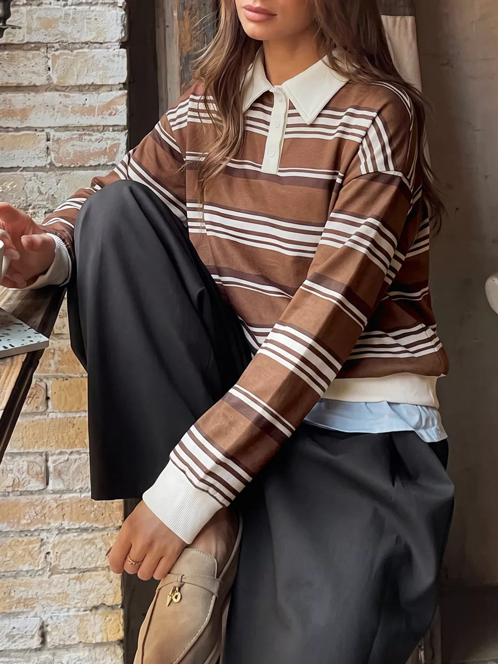 Striped Dropped Shoulder Sweatshirt in Coffee Brown, back view