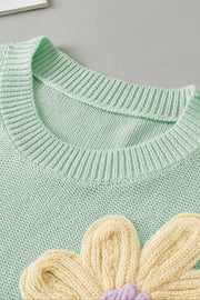 Sage knit sleeveless top with embroidered yellow and purple flower detail