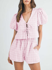 Plaid puff sleeve tie-front crop top and drawstring shorts set in blush pink.