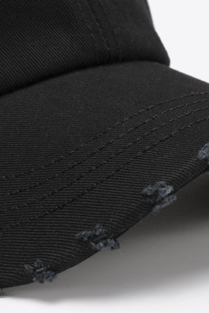 Black baseball cap with distressed details and contrast stitching