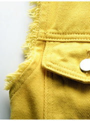 Yellow denim vest with frayed shoulders and a chest pocket detail.