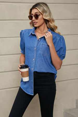 Denim button-down shirt in royal blue with puff sleeves and a collared neckline.