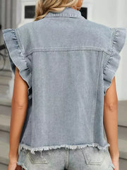 Denim vest with ruffled cap sleeves and frayed hem.