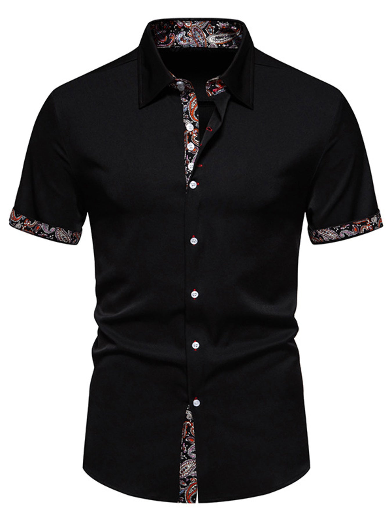 Black short sleeve buttoned shirt with paisley trim on collar, cuffs, and placket.