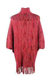Textured knit cape in wine with fringe trim and mock neck