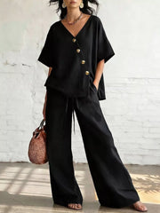 Full Size Surplice Half Sleeve Top And Wide-leg Pants Set, back view