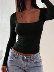Black long sleeve slim fit t-shirt with a square neckline.