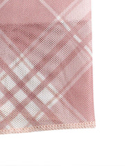 Plaid ruffle trim tank top in pink mesh with a decorative hem.