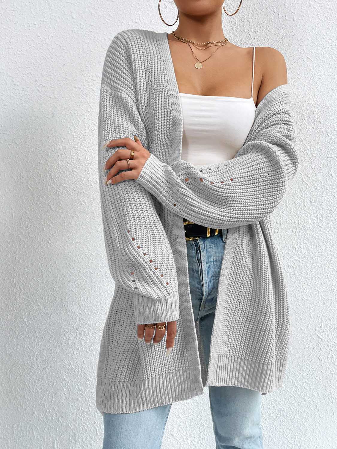 Longline knit open cardigan in Heather Gray with decorative sleeve cutouts.