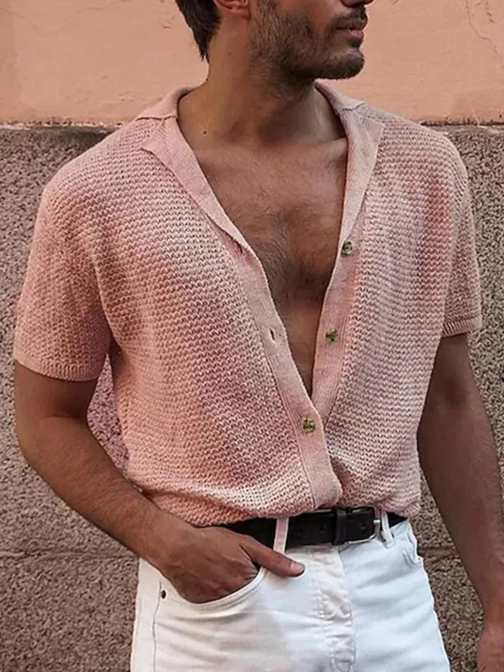 Textured knit resort shirt in Dusty Pink with button front and spread collar.