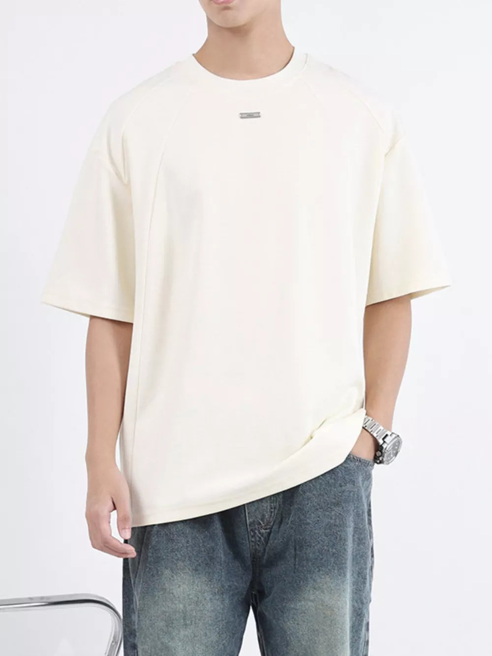 Men's Rice Apricot Color Cotton T-shirt with round neck and subtle chest detail