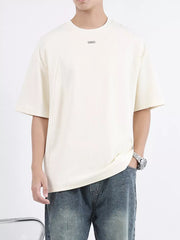 Men's Rice Apricot Color Cotton T-shirt with round neck and subtle chest detail