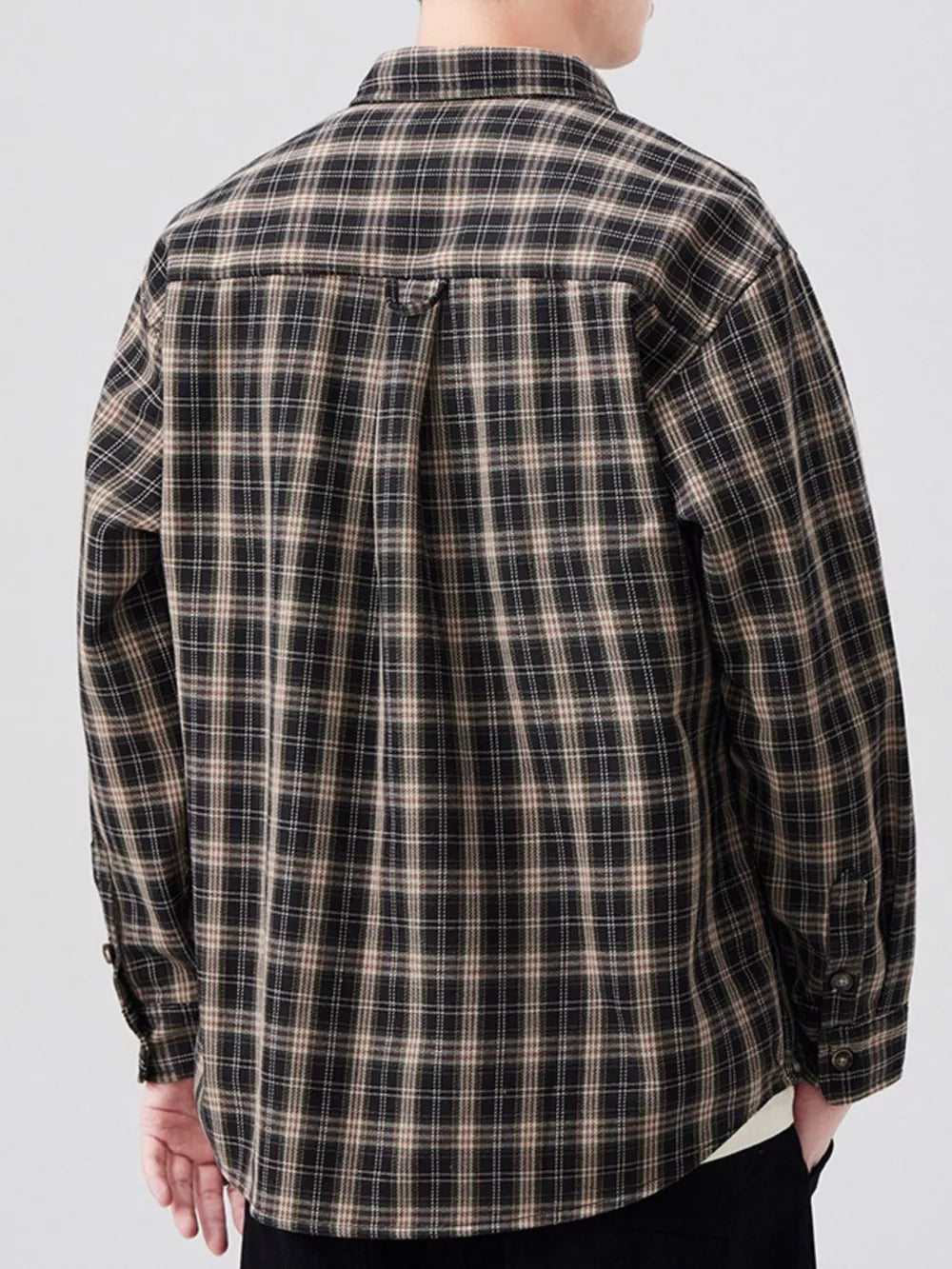 Refined Plaid Long Sleeve Men's Shirt in Army Green with button-down front and chest pocket.