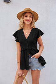 Black flutter sleeve peplum blouse with V-neck and ruffled hem
