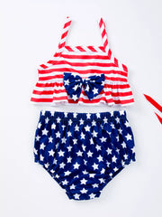 Baby outfit set with red and white striped halter top and star-print bloomer shorts.