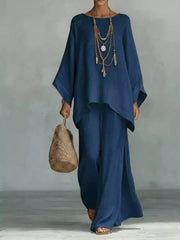Full Size Round Neck Top And Wide Leg Pants Set in Black, fabric detail