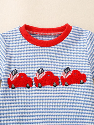 Baby tee with blue and white stripes, red collar, and embroidered red cars with American flags.