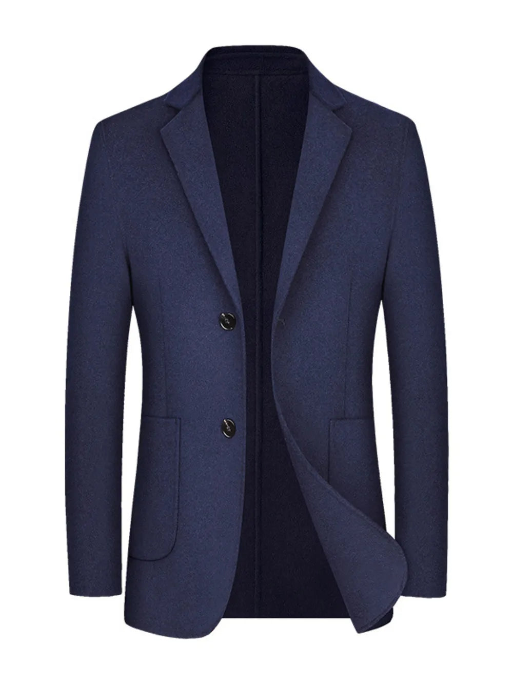 Navy wool classic fit men's blazer with two-button closure and flap pockets.