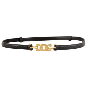 Black leather belt with brushed gold chain-link detail