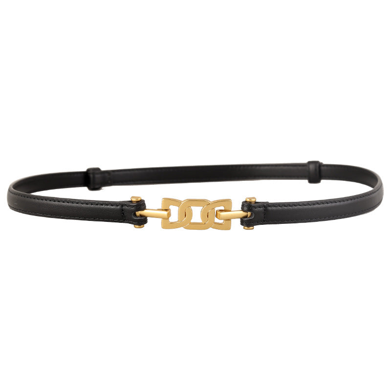 Black leather belt with brushed gold chain-link detail