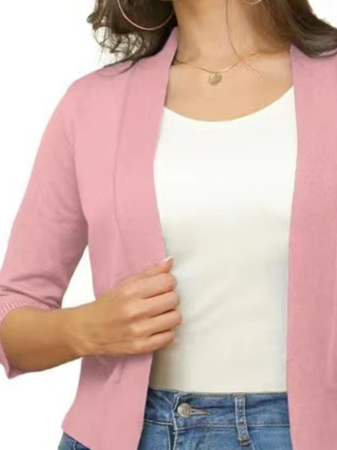 Dusty Pink open-front cropped cardigan with elbow sleeves and a relaxed fit.