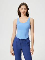 Light blue sculpted seam tank top with built-in support and scoop neckline.
