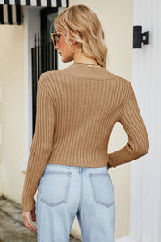 Camel ribbed knit cropped cardigan with keyhole detail and mock neck.