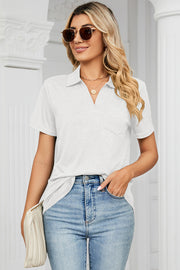 Light gray V-neck polo tee with short sleeves and a chest pocket.