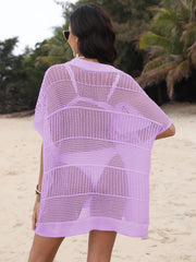 Lavender open-knit polo beach dress with short sleeves and a relaxed fit, worn over a swimsuit.