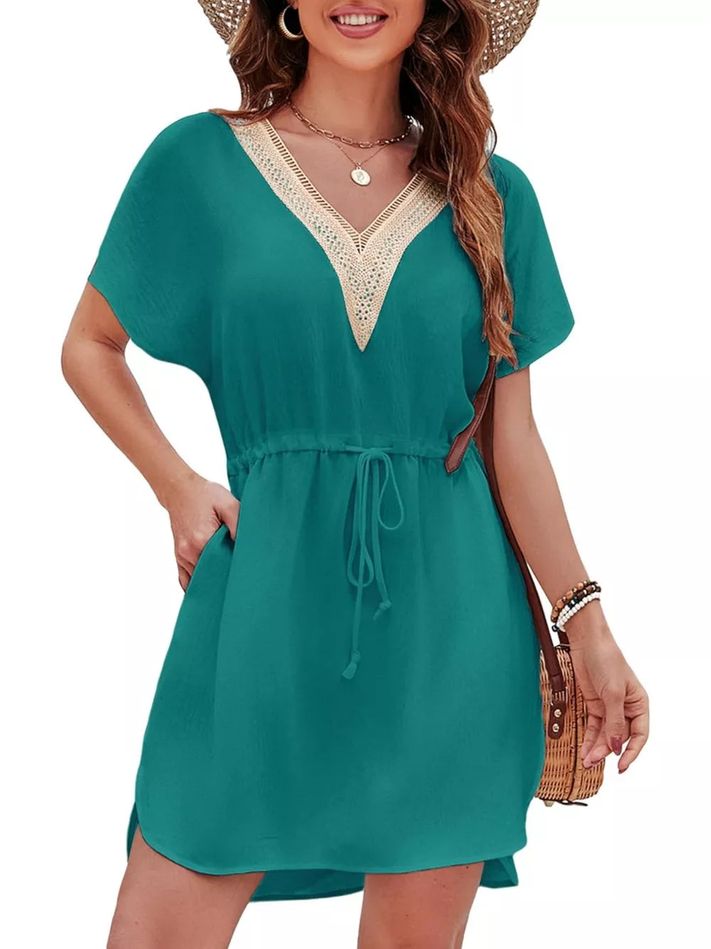 Malachite green lace-trimmed V-neck mini dress with drawstring waist and short sleeves.