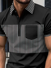Black polo shirt with vertical stripe panel and chest pocket.