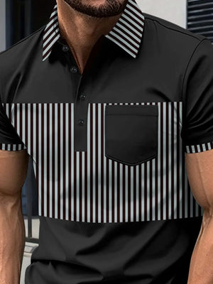 Black polo shirt with vertical stripe panel and chest pocket.