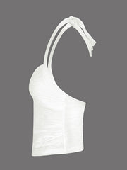 White ruched halter neck cami with textured fabric and tie detail