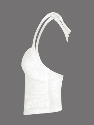 White ruched halter neck cami with textured fabric and tie detail