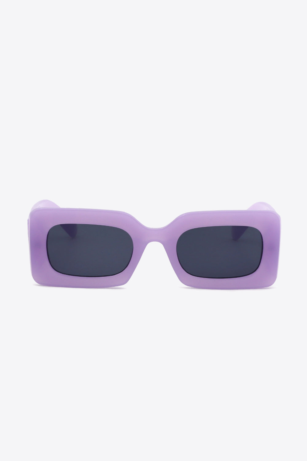 Lavender acetate rectangle sunglasses with dark lenses and thick frames.