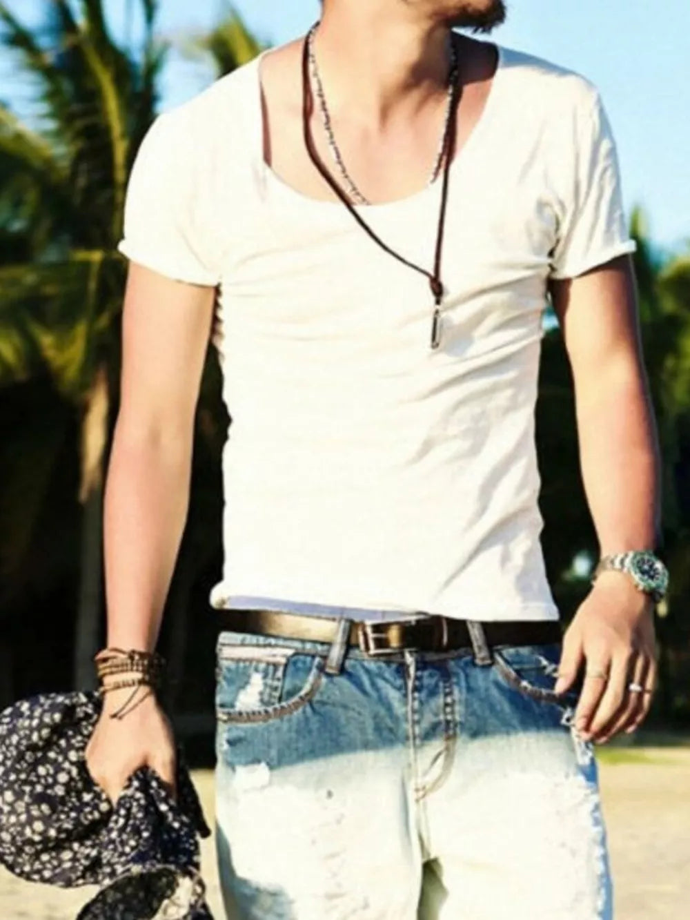 Men's white cotton relaxed scoop neck tee with short sleeves.