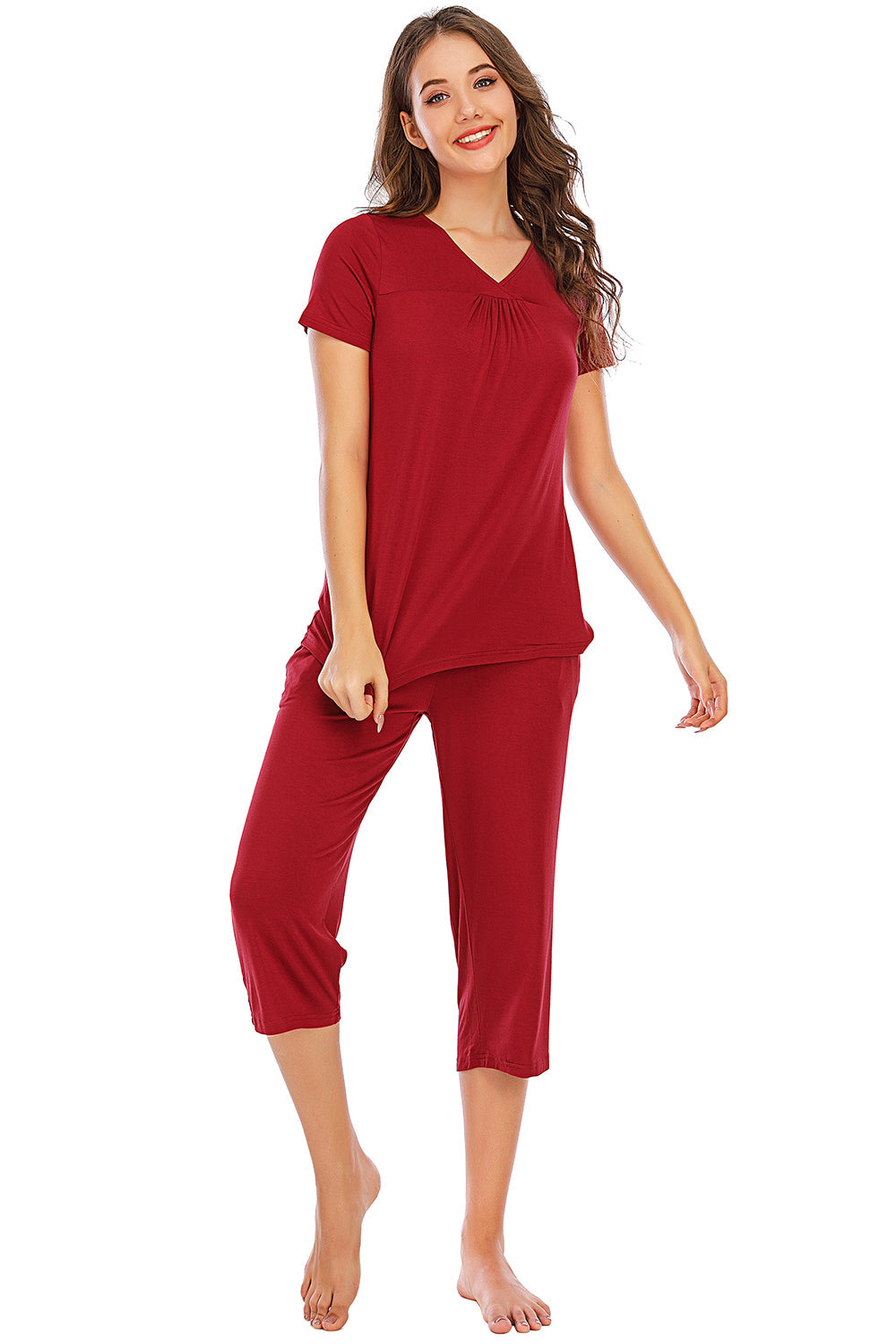 Gathered V-neck capri lounge set in scarlet.