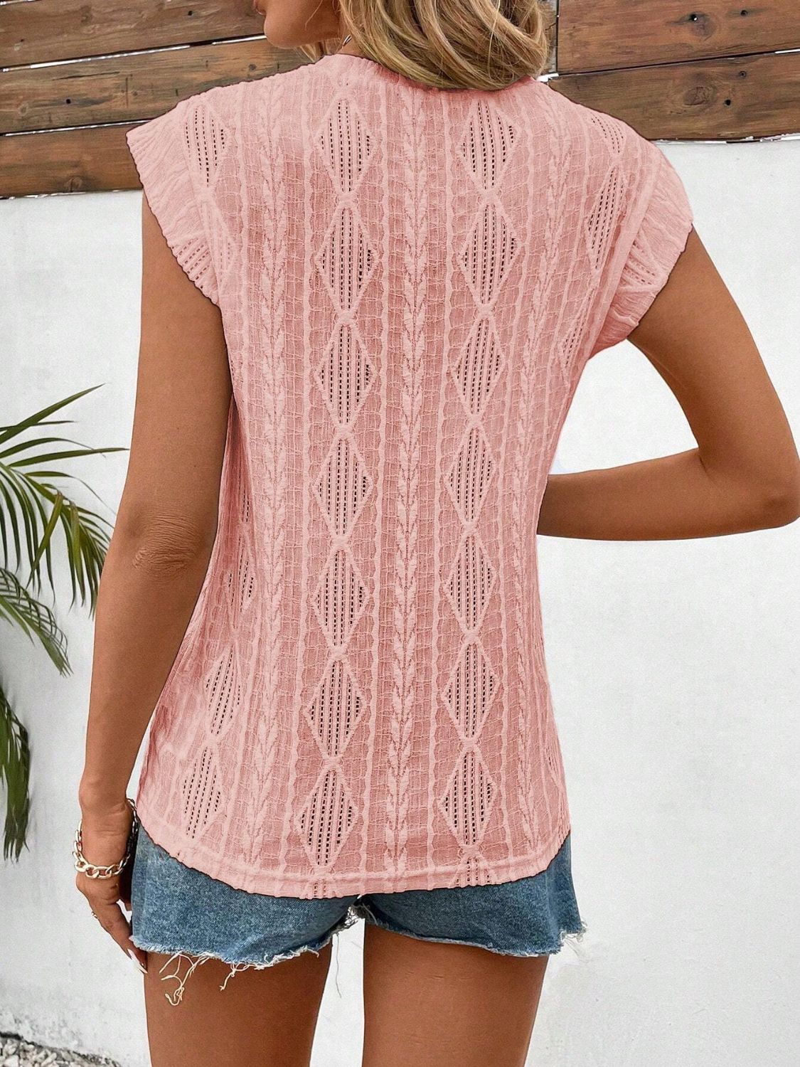 Pale blush diamond knit flutter sleeve top with open weave detail
