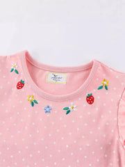Pink polka dot cotton toddler dress with embroidered strawberries and flowers.