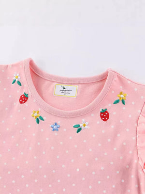 Pink polka dot cotton toddler dress with embroidered strawberries and flowers.