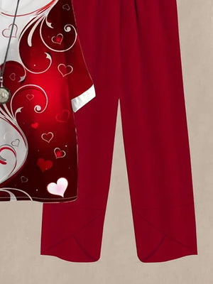 Deep Red floral print half sleeve top with hearts and matching pants.