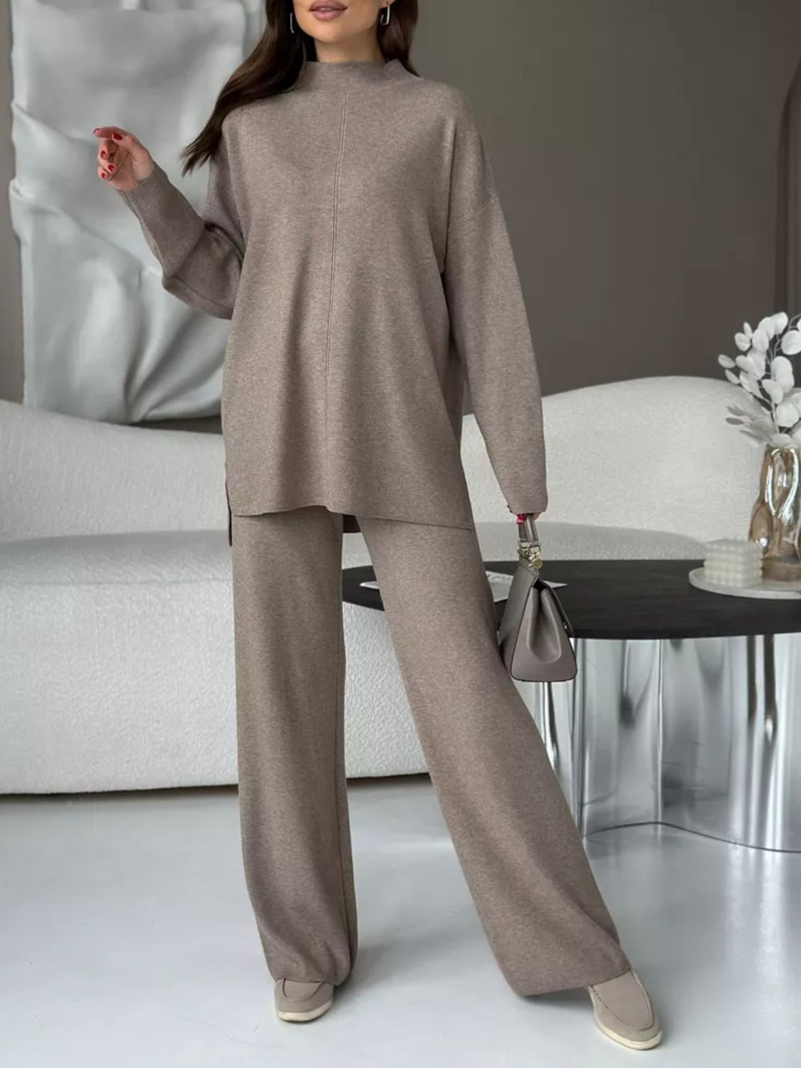 Relaxed fit knit co-ord set in Mocha, featuring a mock neck sweater and wide-leg pants.