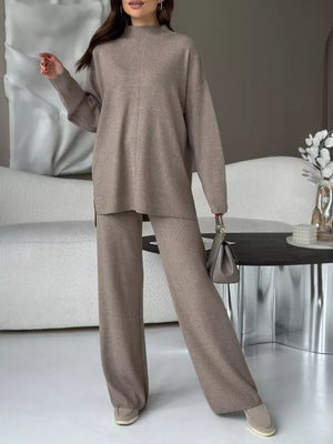 Relaxed fit knit co-ord set in Mocha, featuring a mock neck sweater and wide-leg pants.