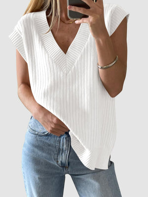 White ribbed knit v-neck tank top with short sleeves and a relaxed fit.
