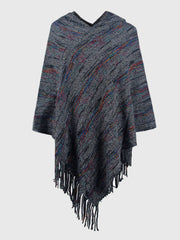 Charcoal hooded mélange cape with colorful striped pattern and fringe detail