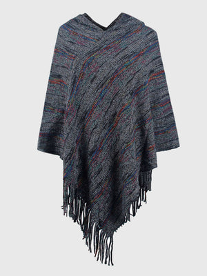 Charcoal hooded mélange cape with colorful striped pattern and fringe detail