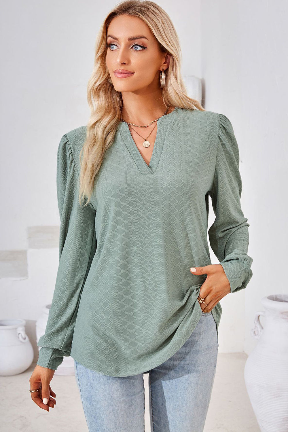 Sage textured puff sleeve henley blouse with V-neck