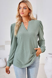 Sage textured puff sleeve henley blouse with V-neck