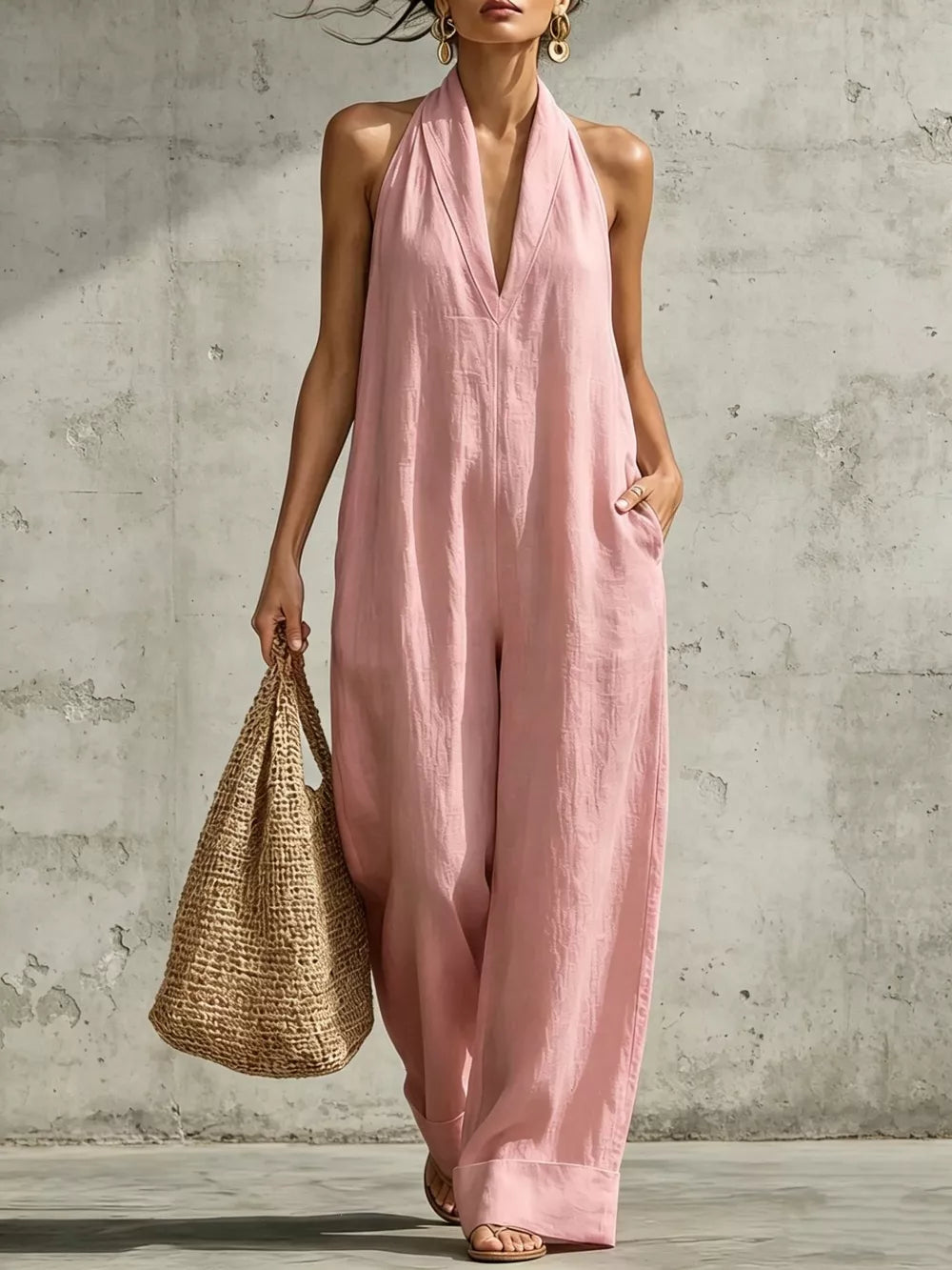 Full Size Halter Neck Wide-leg Jumpsuit Plus Size, product detail